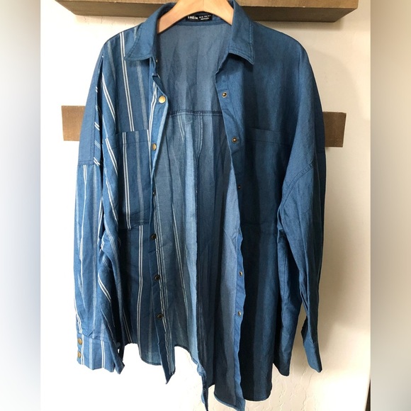 Shein|Oversized button down chambray top, striped & solid—asymmetrical hem•••XXL - Picture 4 of 14